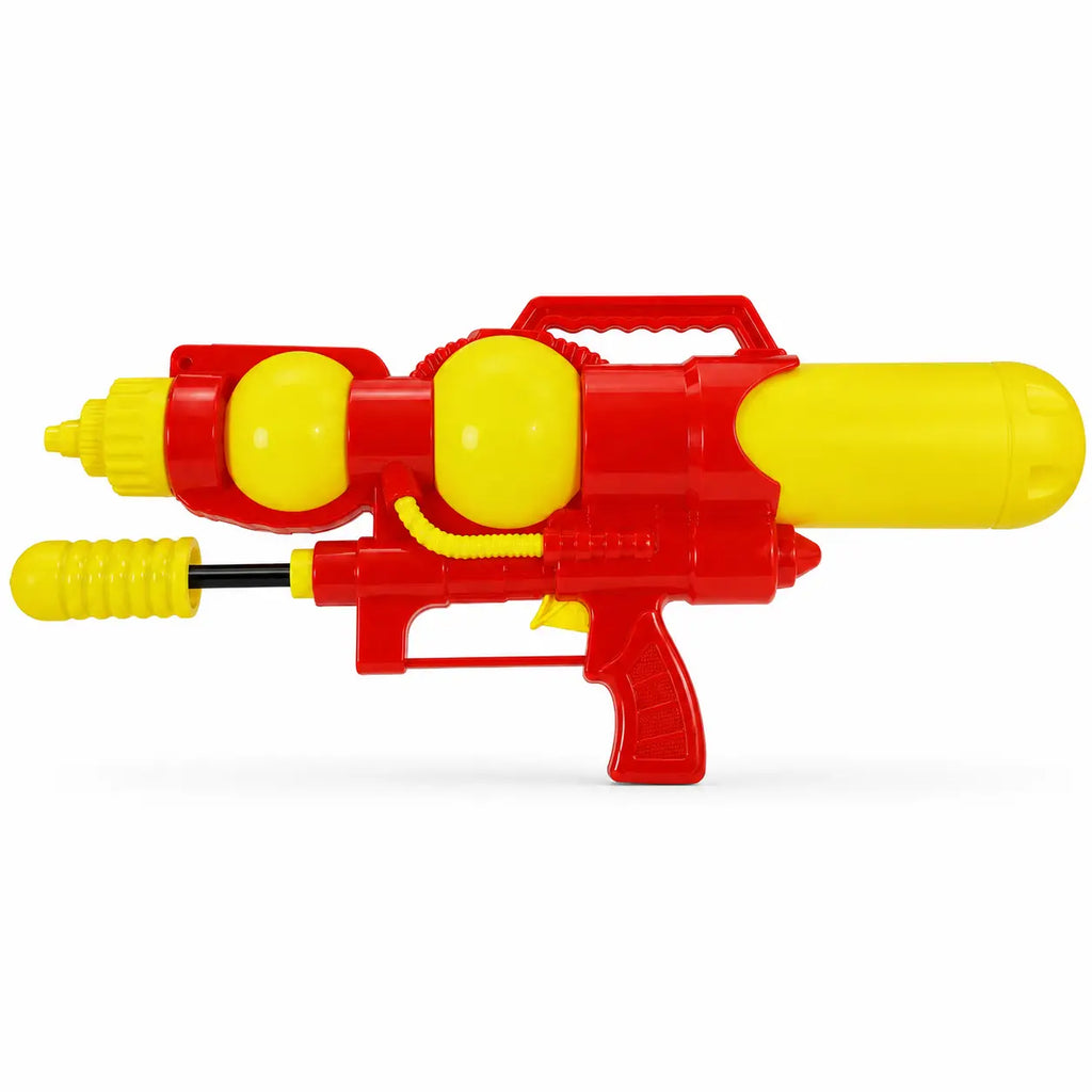 Red and yellow kids water gun with large rear tank and manual pump action