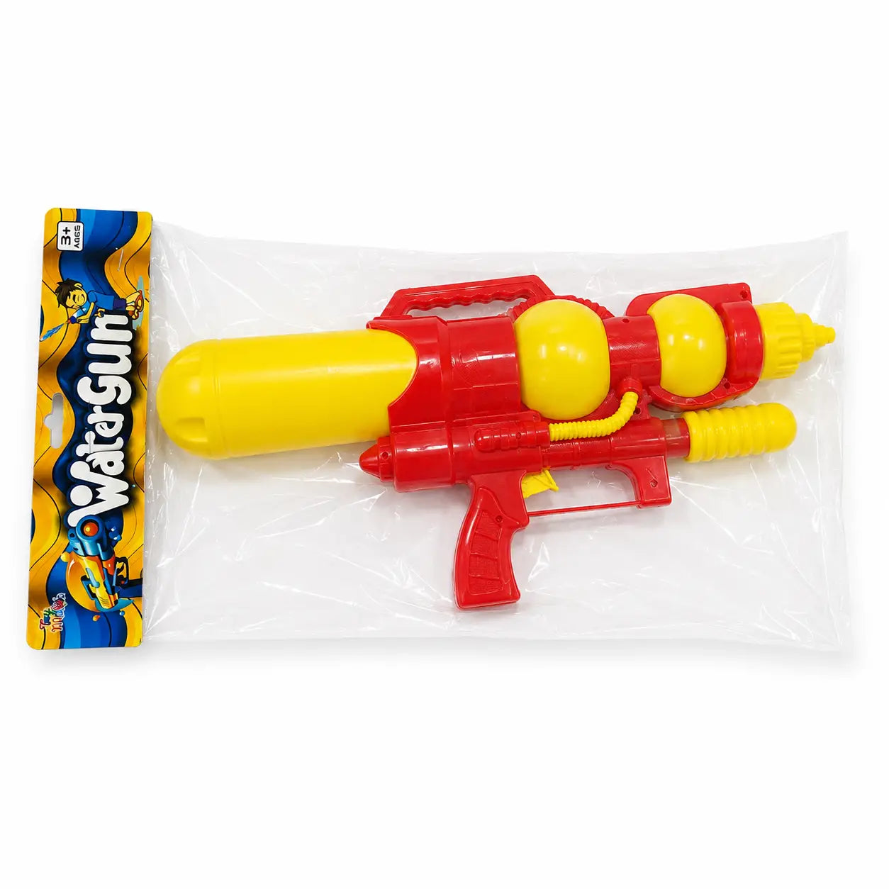 Red and yellow kids pump action water gun in retail packaging for children 3+ years