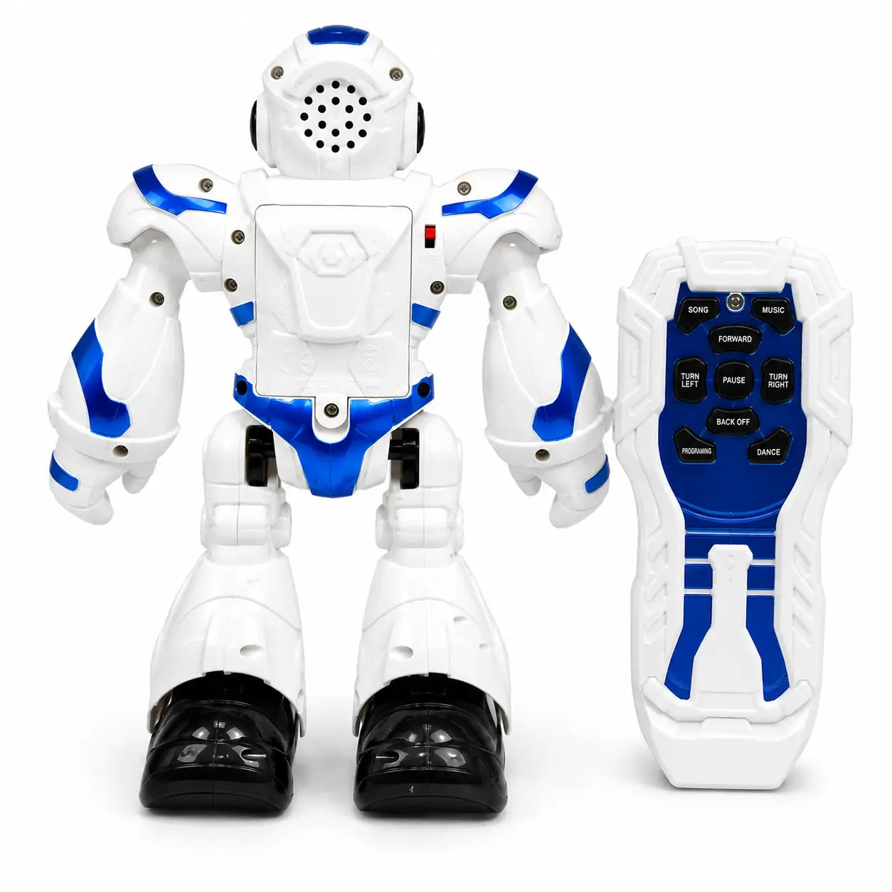 Rear view of remote control dancing robot showing battery compartment and controller