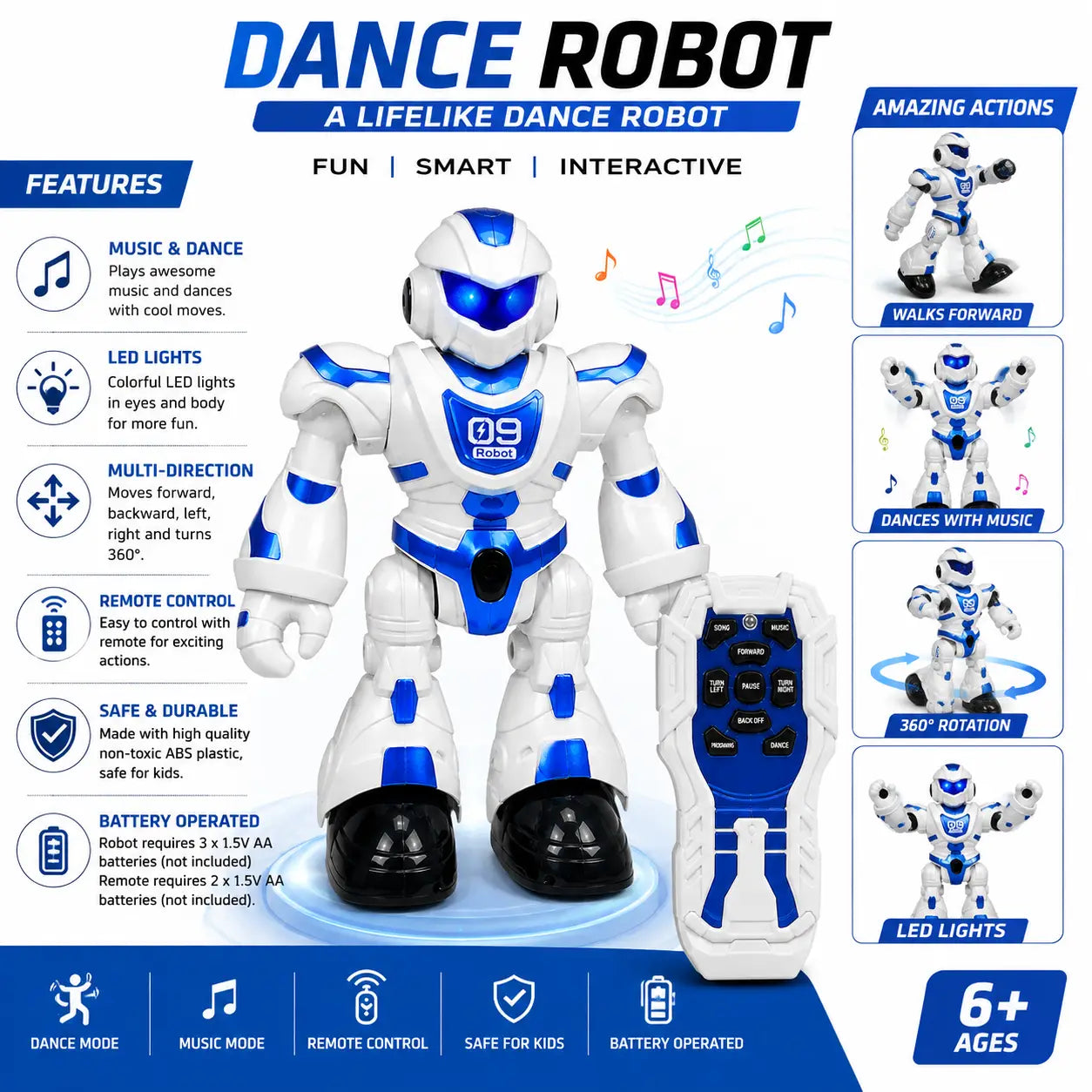 Remote control dancing robot toy features including music, LED lights and movement modes