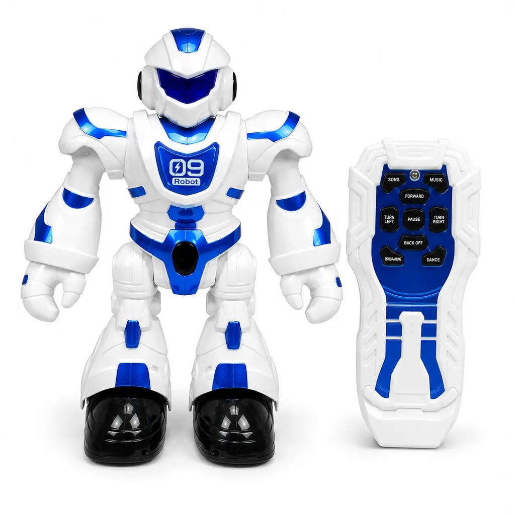 Front view of white and blue dancing robot toy with wireless remote controller