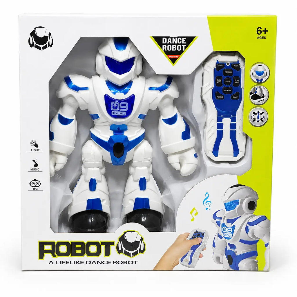 Front packaging of white and blue remote control dancing robot toy with controller