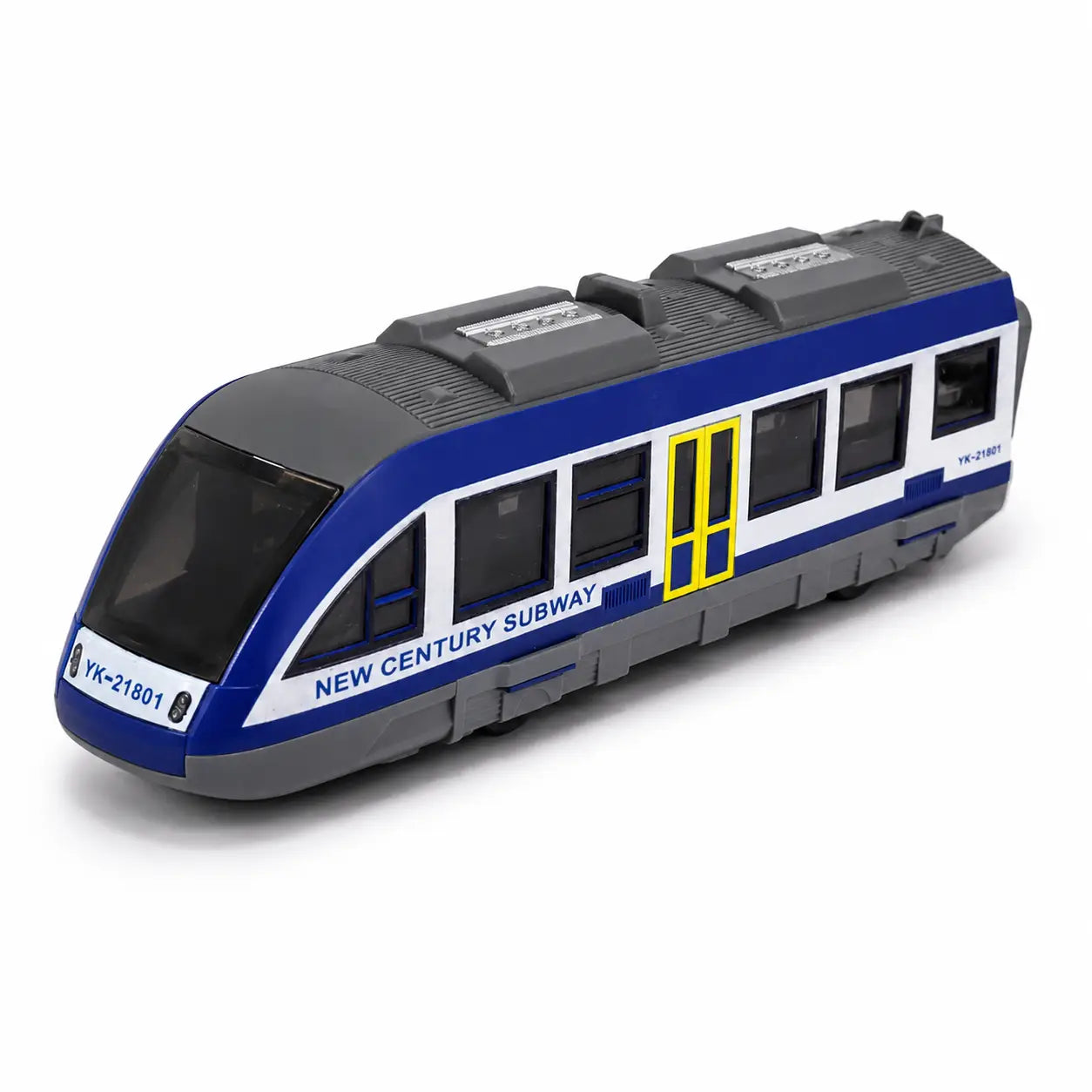 Blue New Century Subway style remote control toy train front angle on white background