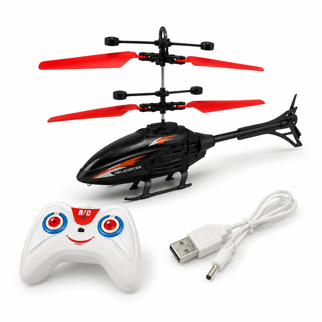 Remote control helicopter complete set with black helicopter, I/R remote controller and USB charging cable.