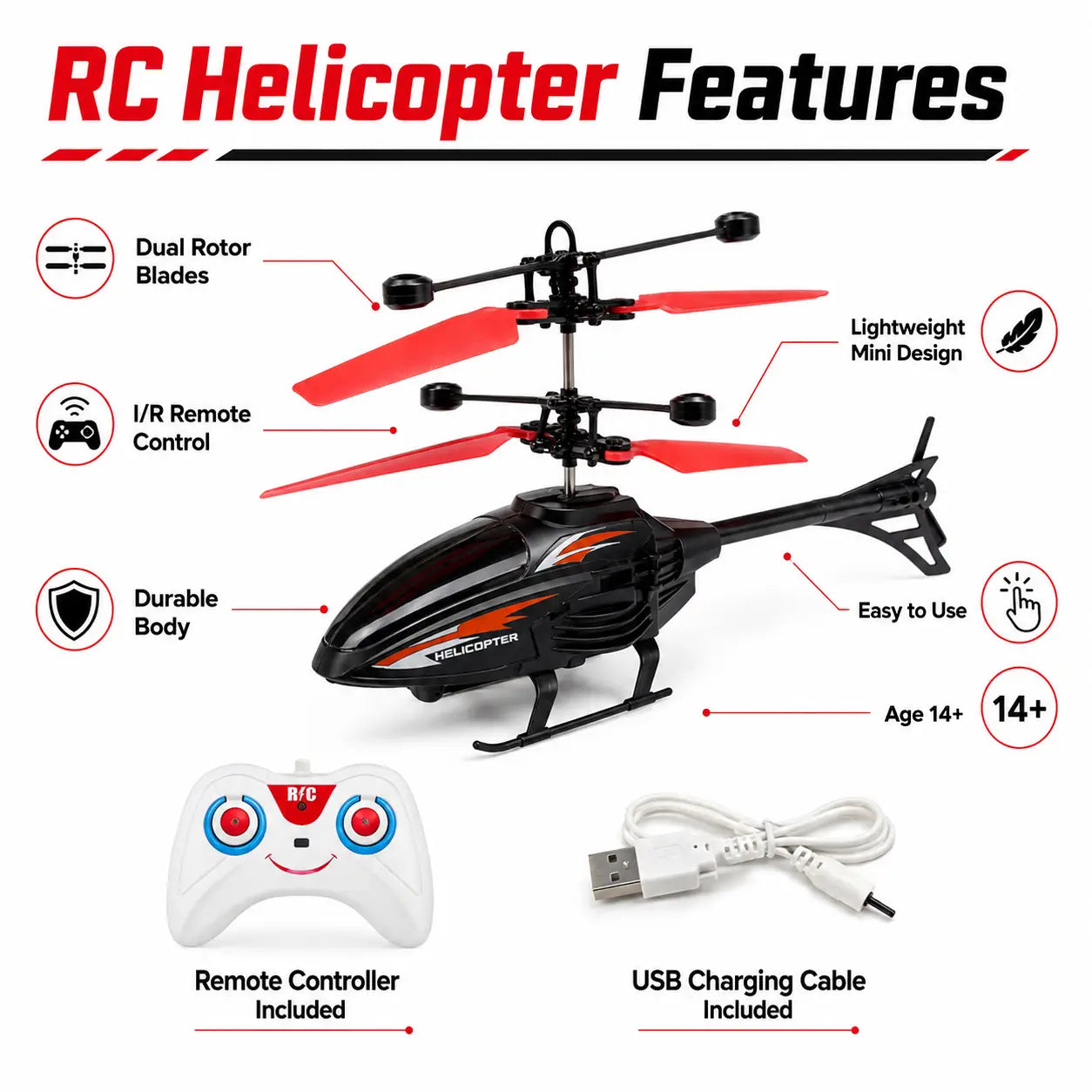 Remote control helicopter features showing dual rotor blades, I/R controller, USB charging cable and lightweight design.