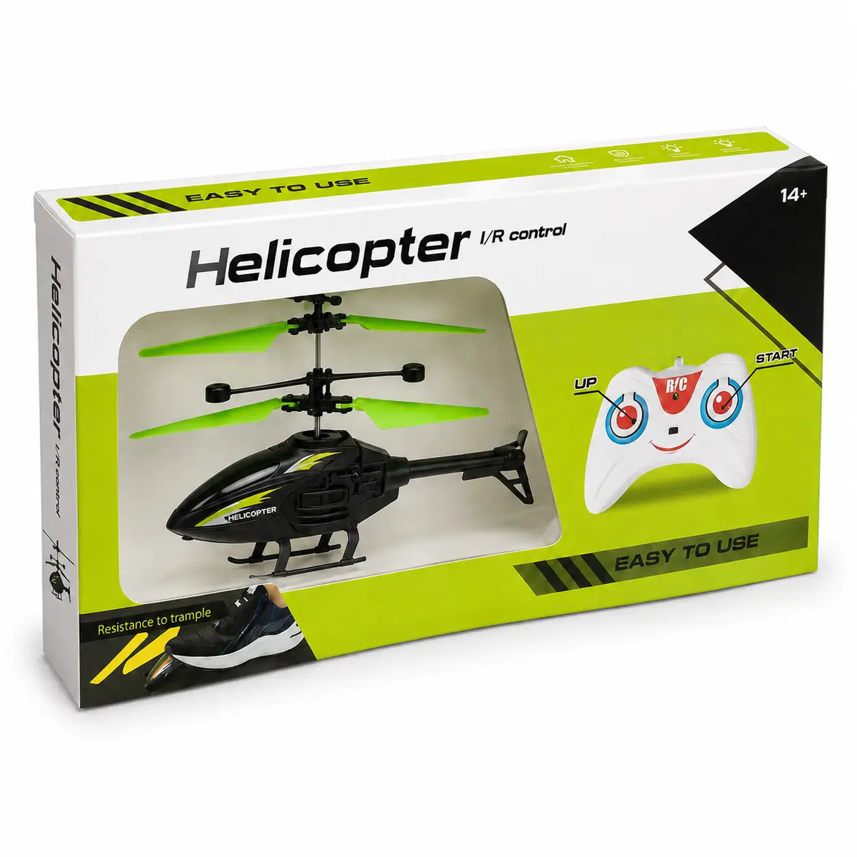 Remote control helicopter green retail box shown from an angled front view with helicopter and controller visible.