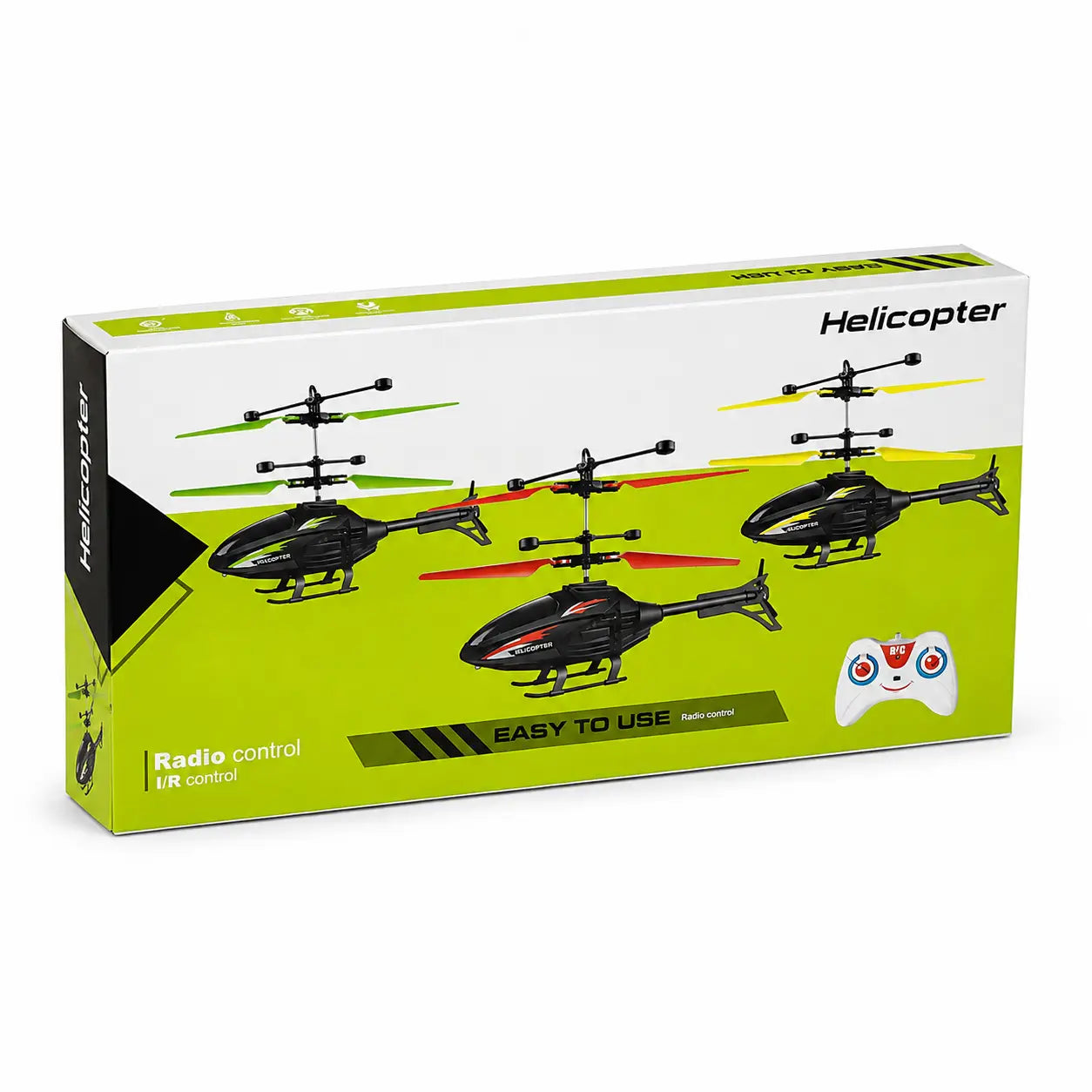 Remote control helicopter green retail box back view displaying multiple helicopter colour options and I/R remote control.