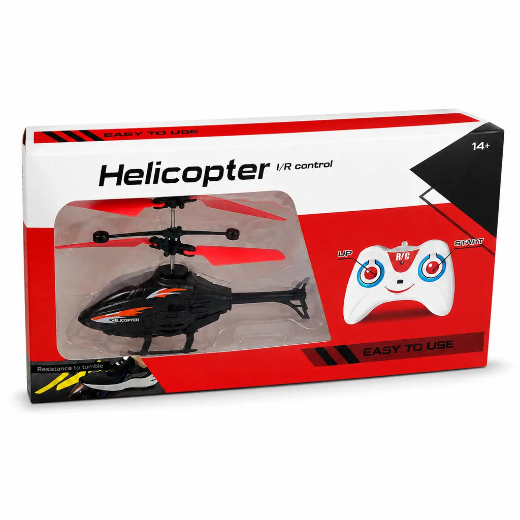 Remote control helicopter red retail box shown from an angled front view with black helicopter and I/R controller.