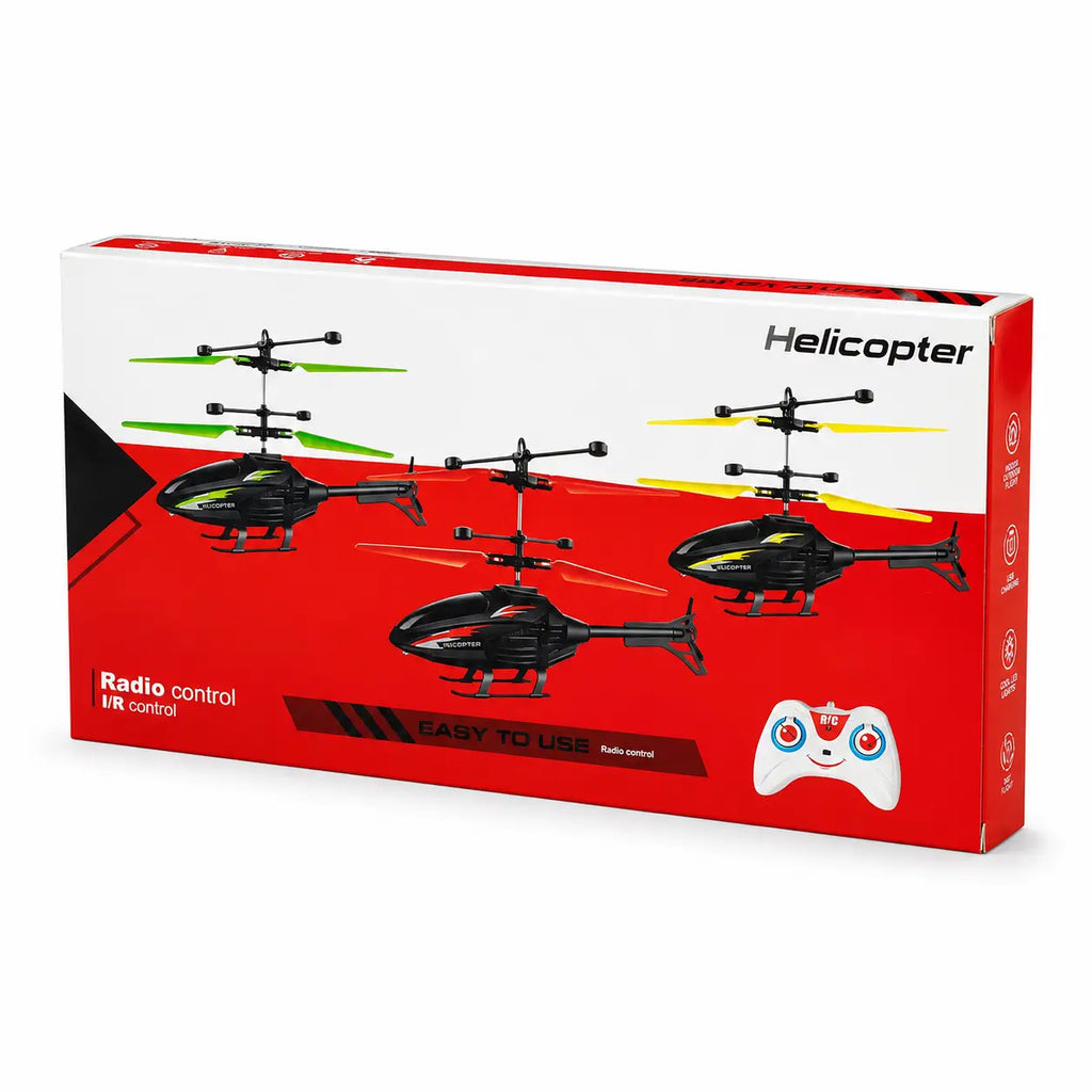 Remote control helicopter red retail box back view showing helicopter designs, dual rotors and remote controller.