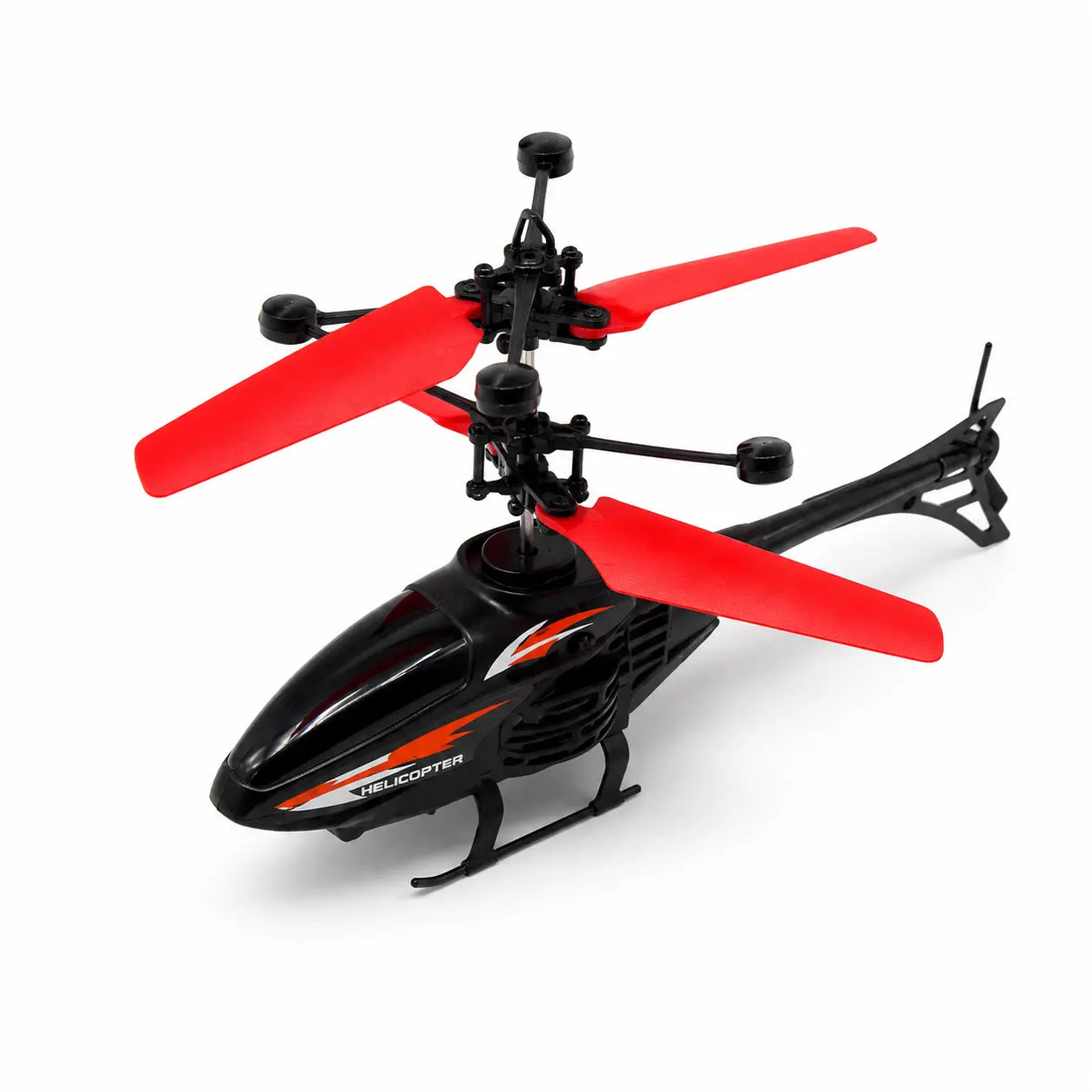 A black and red remote control toy helicopter with a glossy finish, featuring orange graphic stripes on the side and the word 'HELICOPTER' printed in white. It is photographed from an elevated angle on a clean white background.