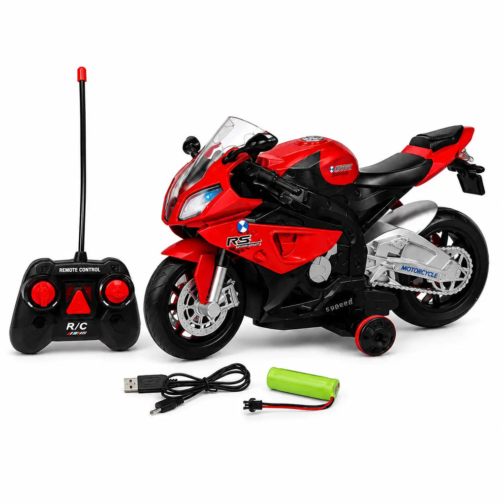 Red remote control racing motorcycle toy with controller, rechargeable battery and charging cable