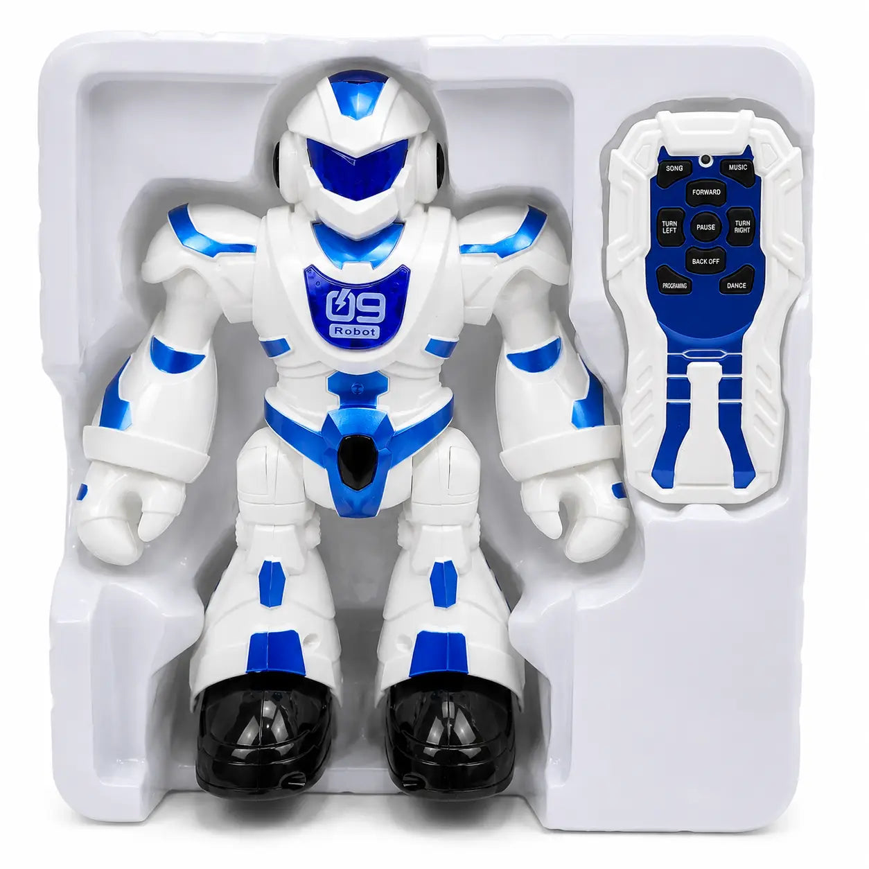 White and blue remote control robot toy with controller inside packaging tray