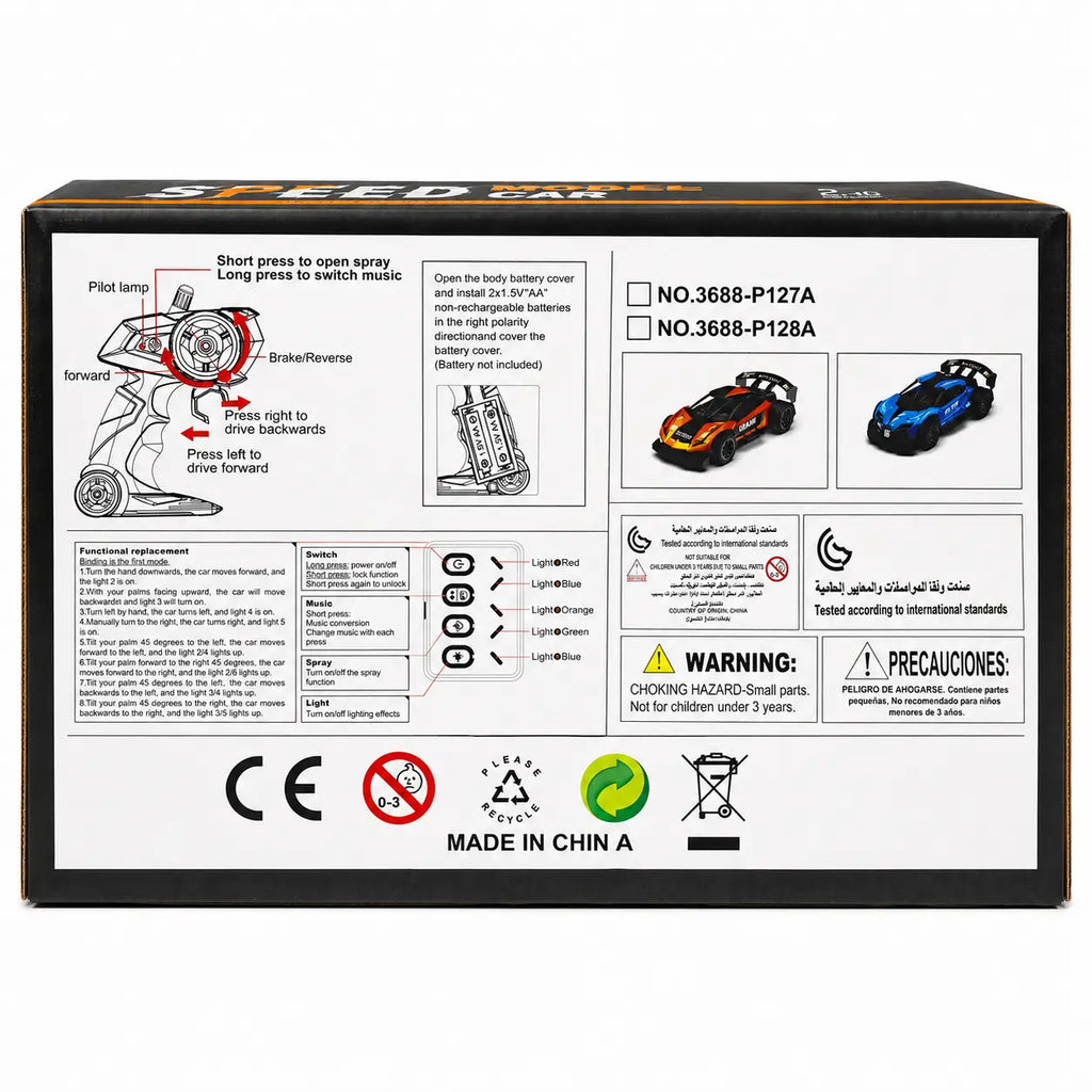 Back of remote control speed car packaging showing controller instructions, safety warnings and colour variants