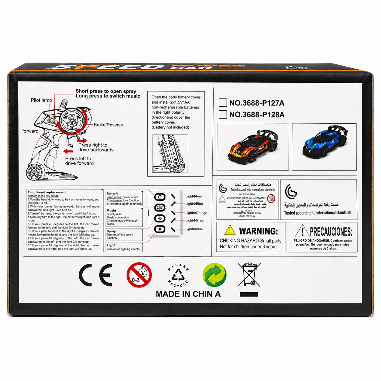 Back of remote control speed car packaging showing controller instructions, safety warnings and colour variants