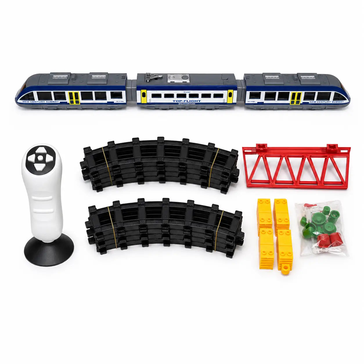 Complete remote control train toy set with three coaches track bridge remote and railway accessories