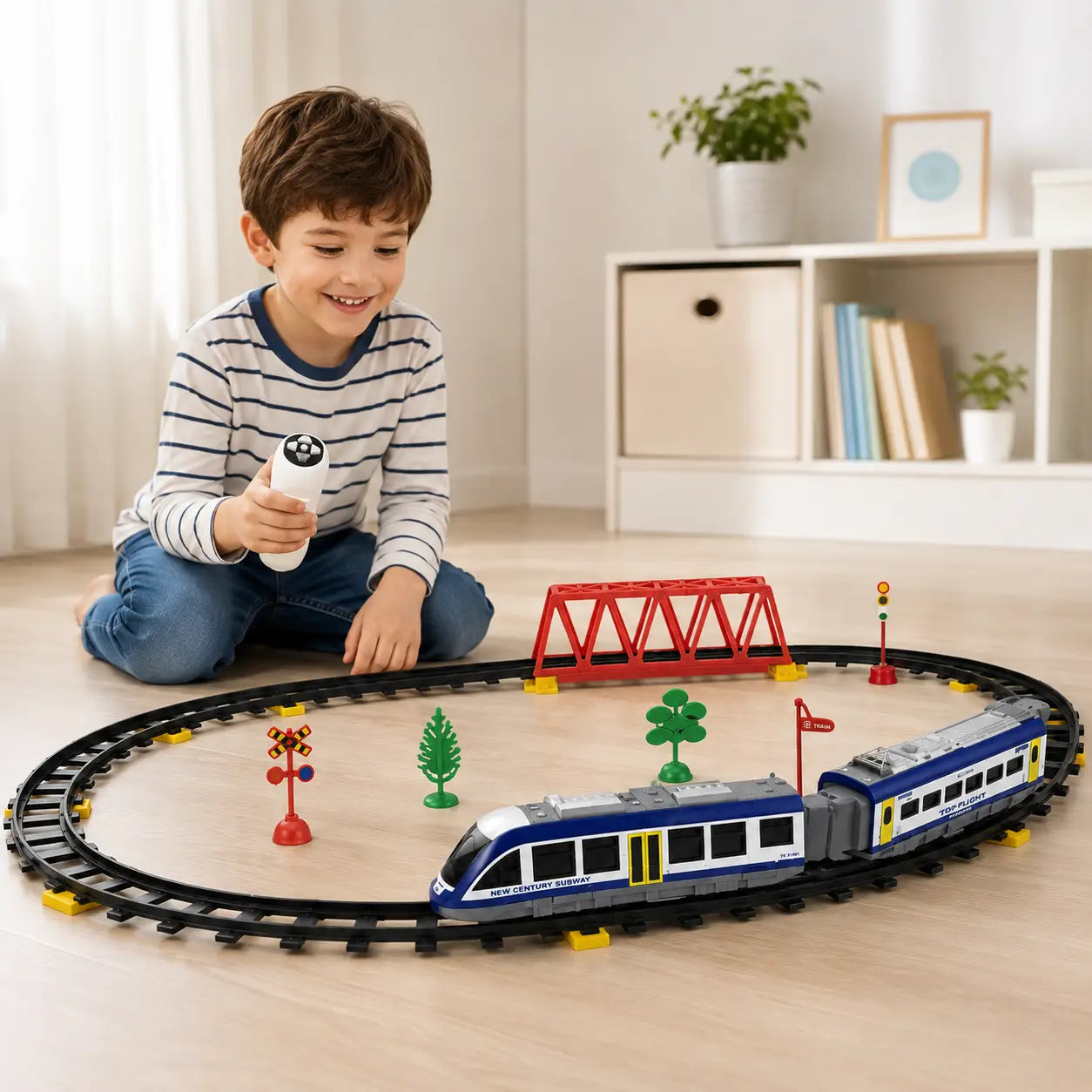 Child playing with remote control express train set on railway track with red bridge