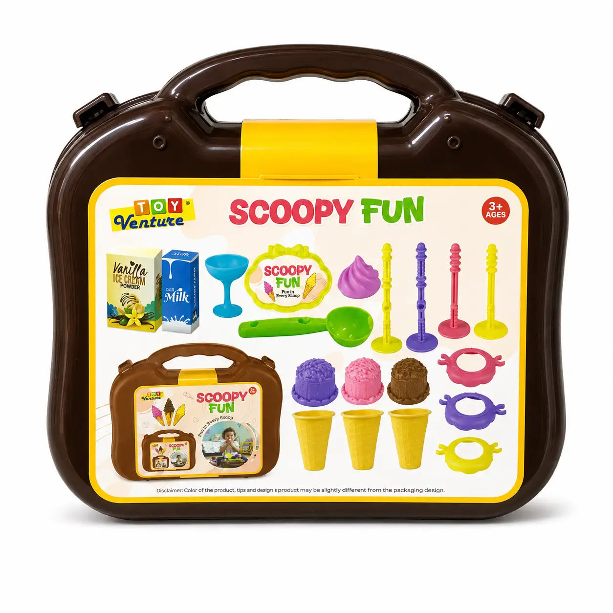 Scoopy Fun ice cream playset case showing colourful cones scoops moulds and accessories