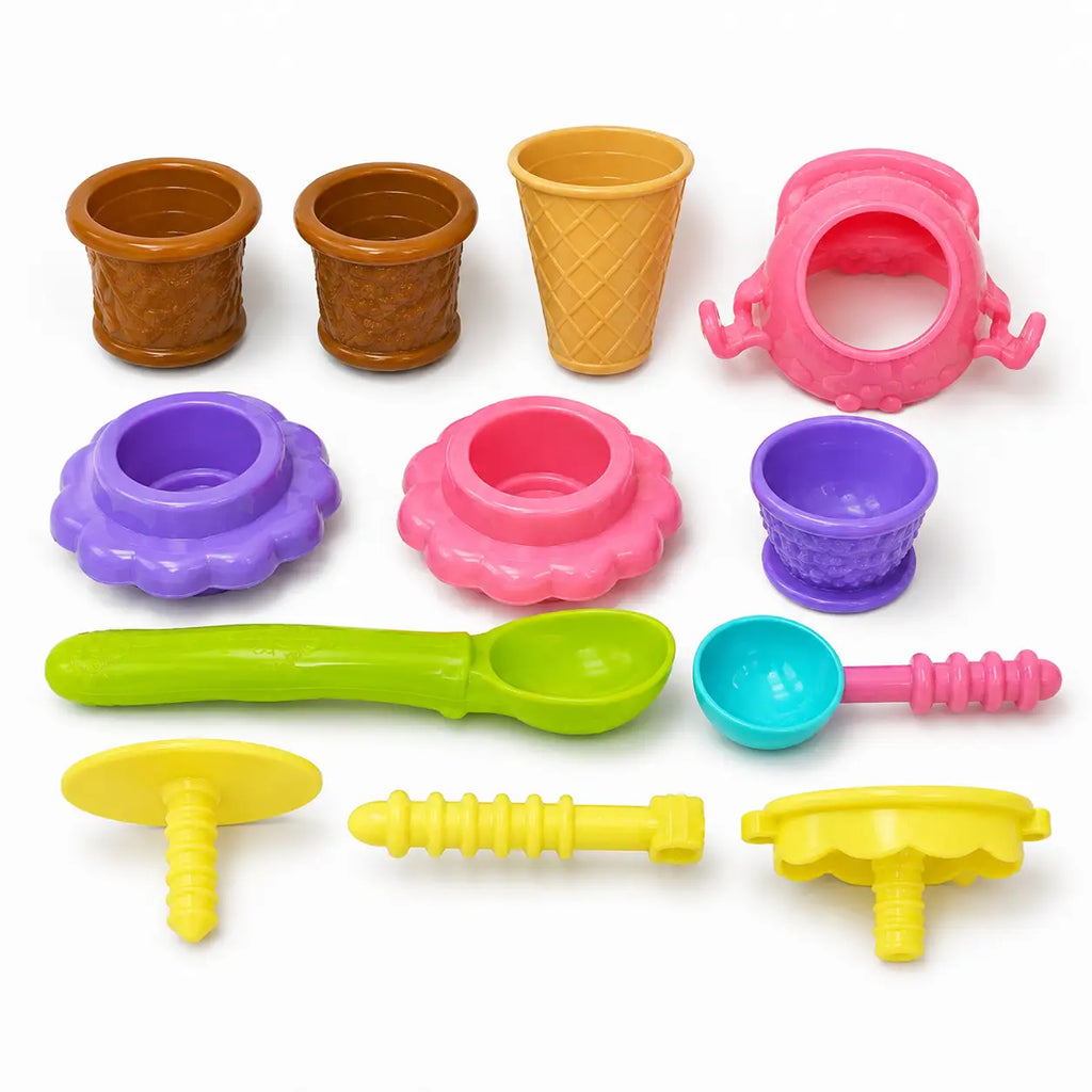 Scoopy Fun kids ice cream playset accessories arranged on white background with cones cups scoops and moulds