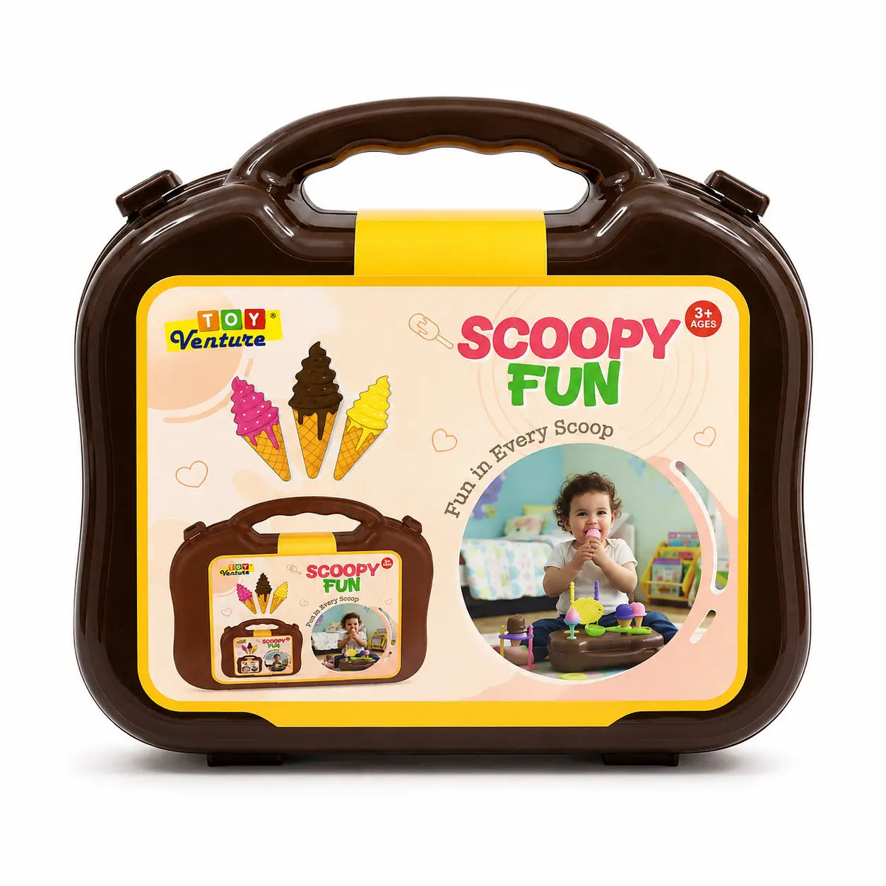 Brown Scoopy Fun kids ice cream pretend play carry case with colourful dessert theme