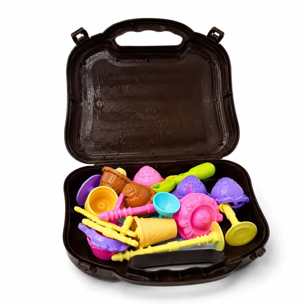 Open Scoopy Fun carry case filled with colourful pretend ice cream play accessories