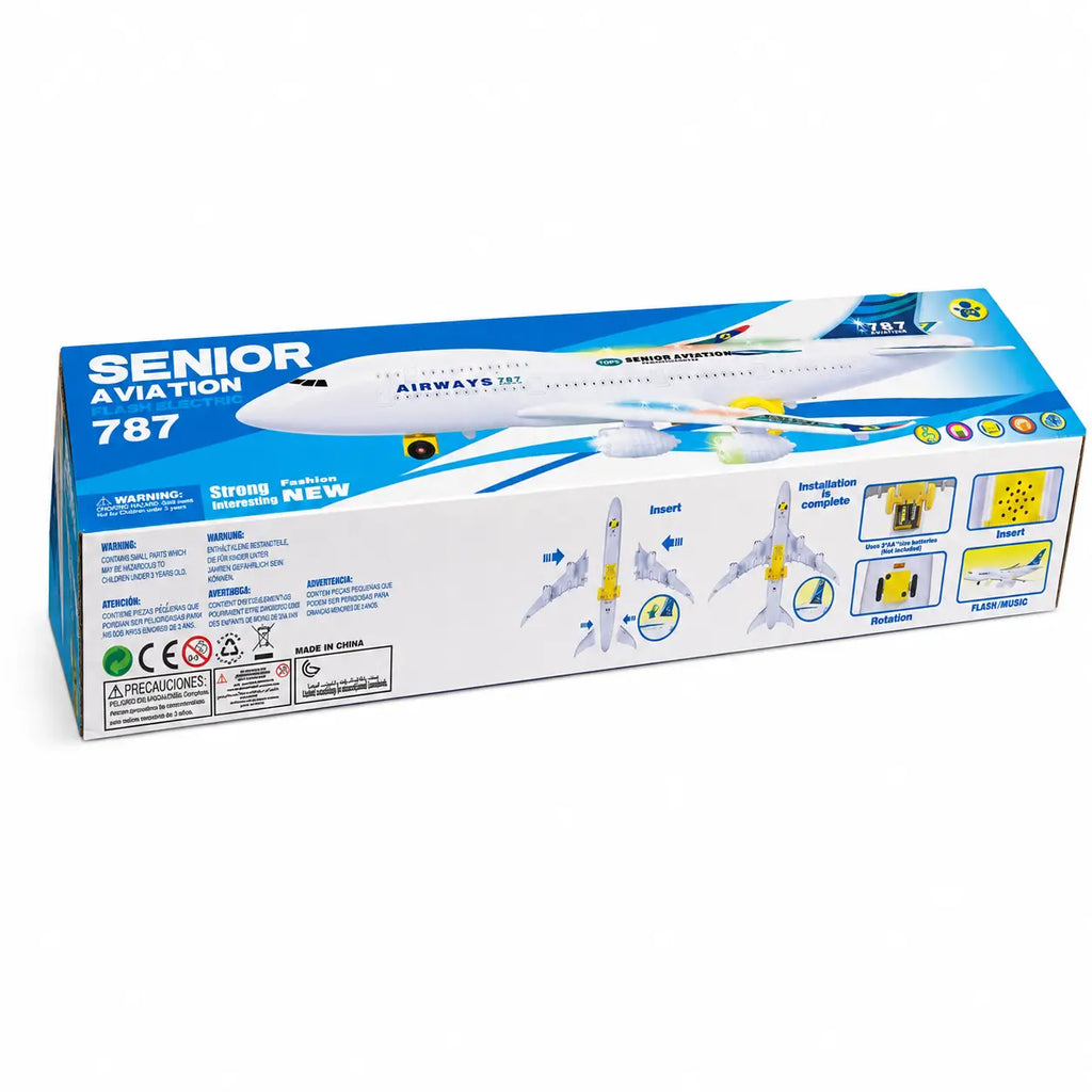Senior Aviation 787 electric airplane toy packaging back showing assembly battery and flash music functions