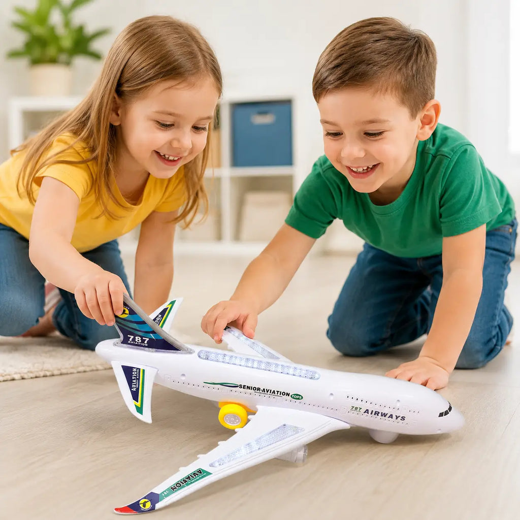 Children playing with Senior Aviation 787 electric airplane toy with lights and realistic aircraft design