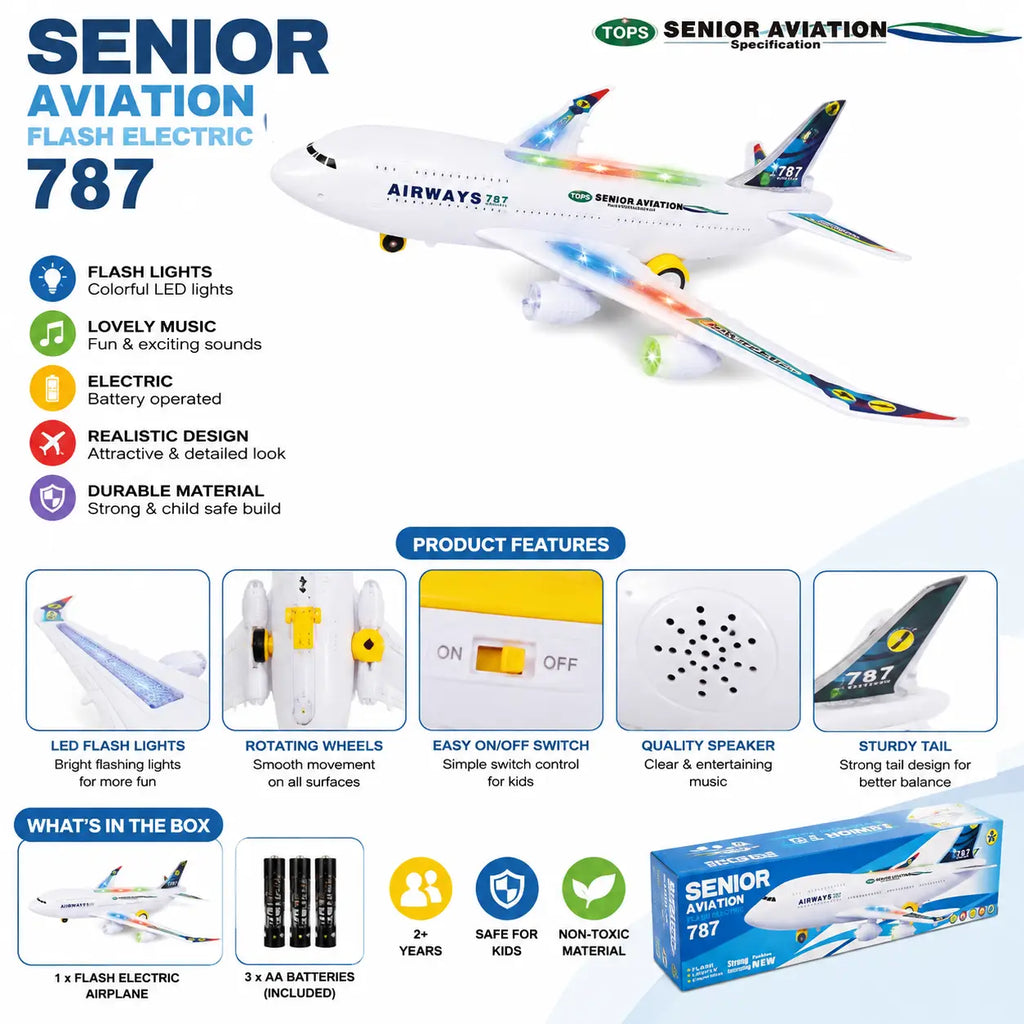 Senior Aviation 787 electric airplane toy features including flash lights music wheels and ON OFF switch