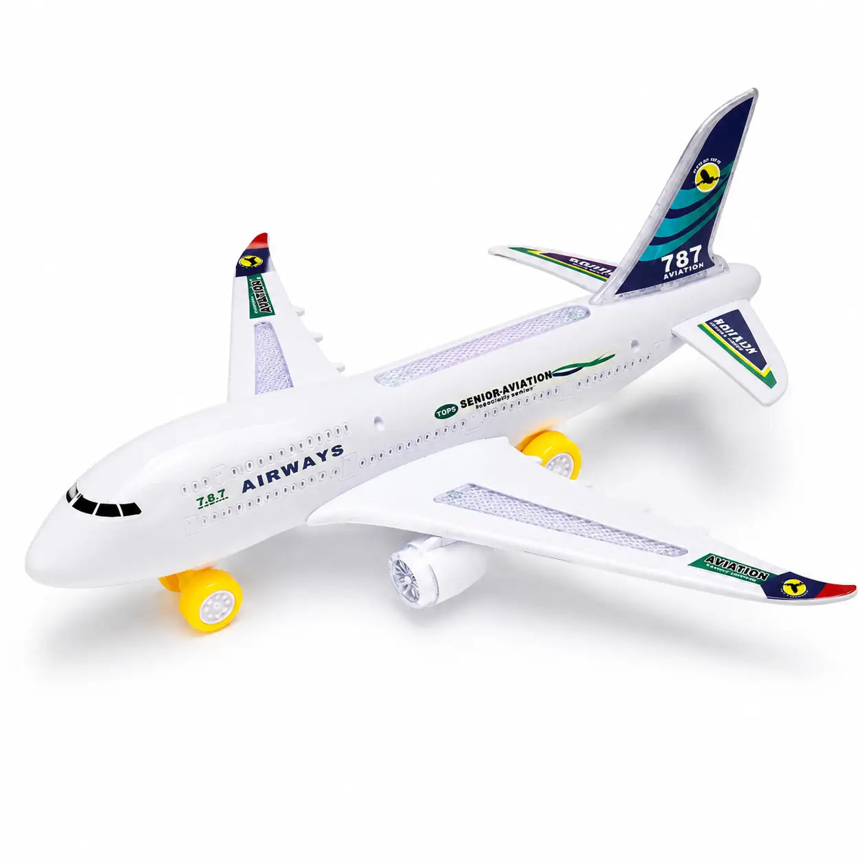 White Senior Aviation 787 electric airplane toy with wings yellow wheels and aviation graphics