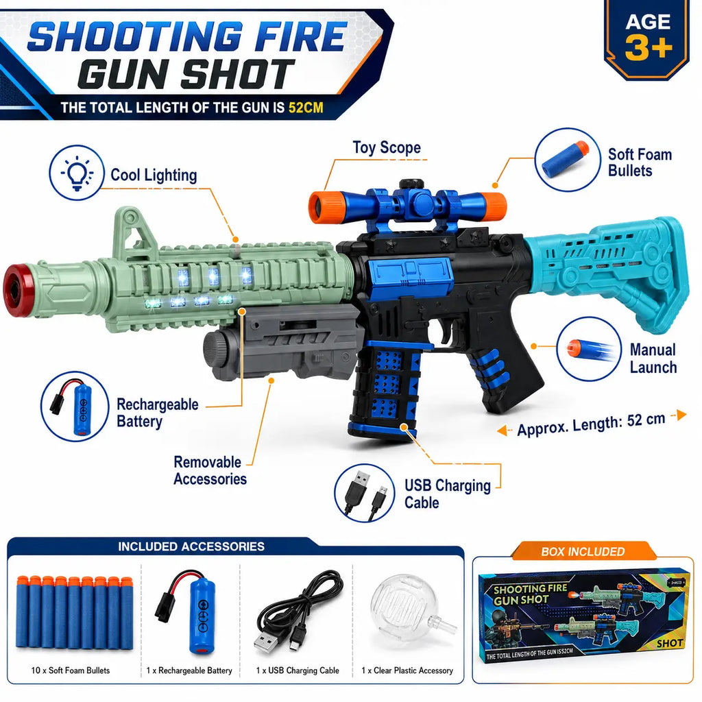 Shooting Fire rechargeable toy gun features including scope lights soft foam darts and USB charging
