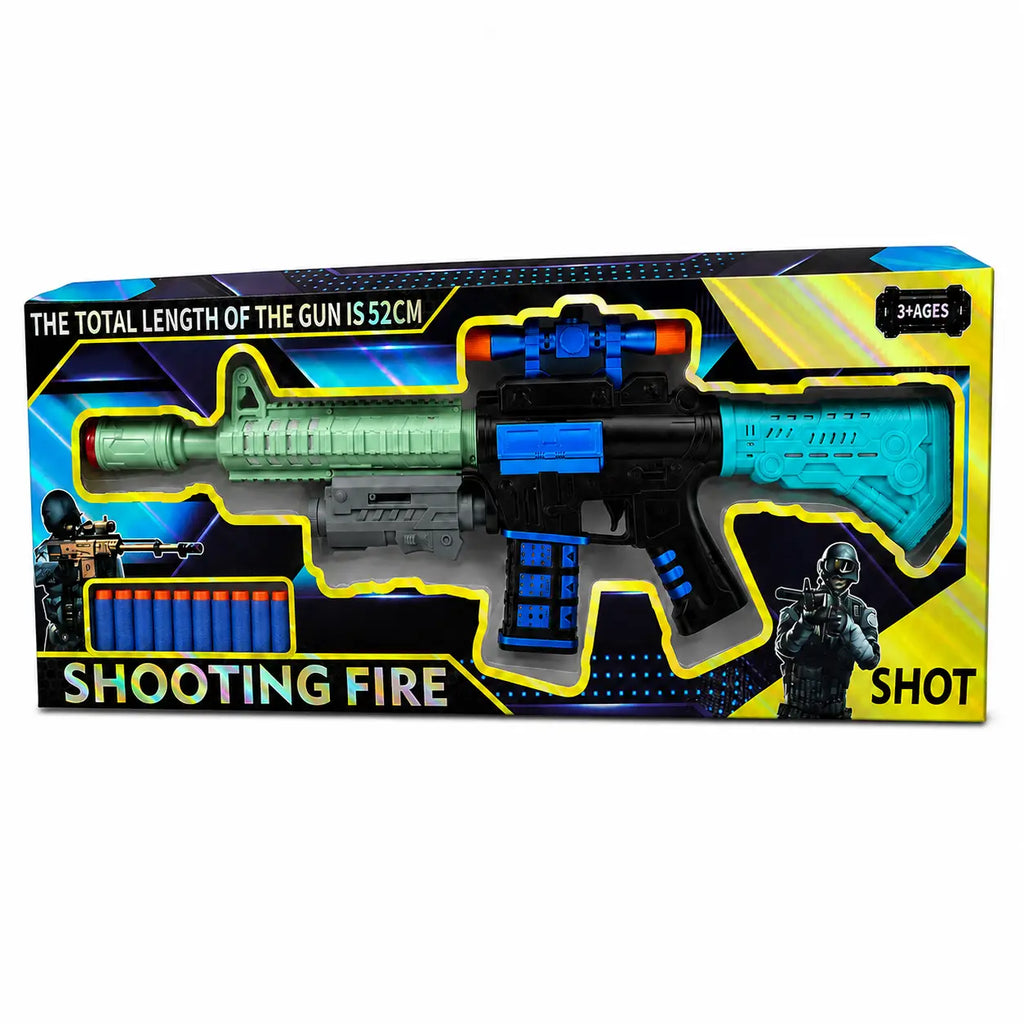 Shooting Fire 52cm soft bullet toy gun packaging angled front view with foam darts visible