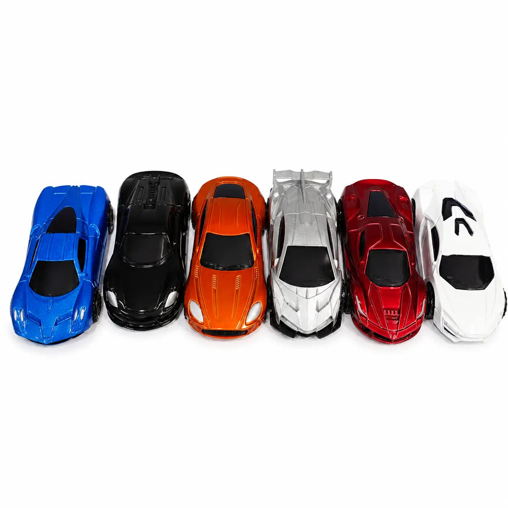 Six die-cast sports cars in blue black orange silver red and white