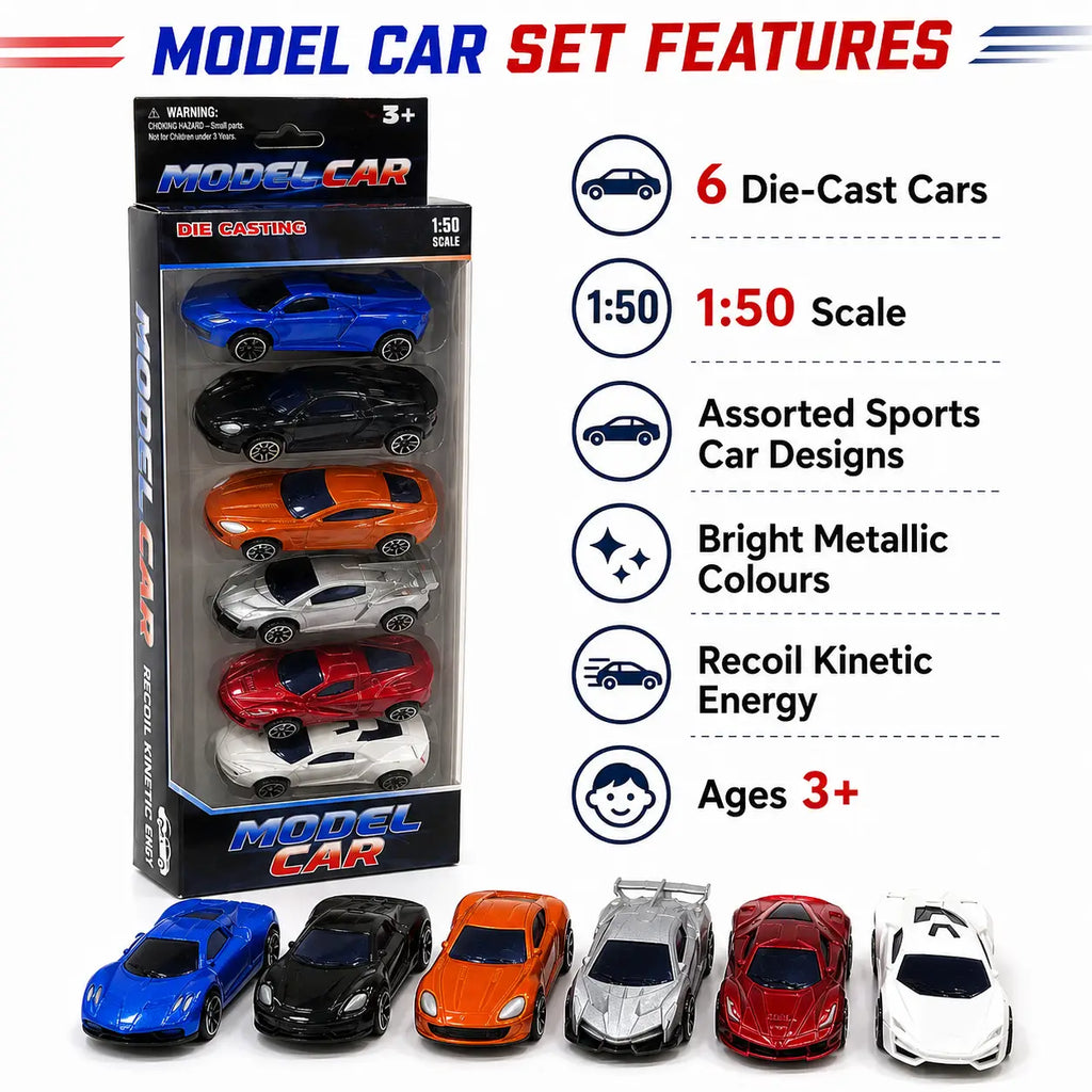 6 piece die-cast model car set features with 1:50 scale and assorted sports cars