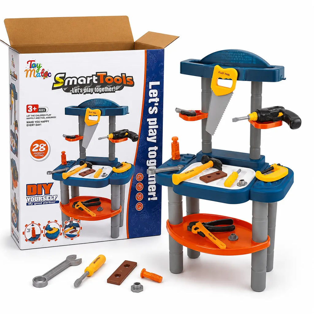 Smart Tools kids workbench displayed beside open retail box with pretend hand tools and workshop accessories