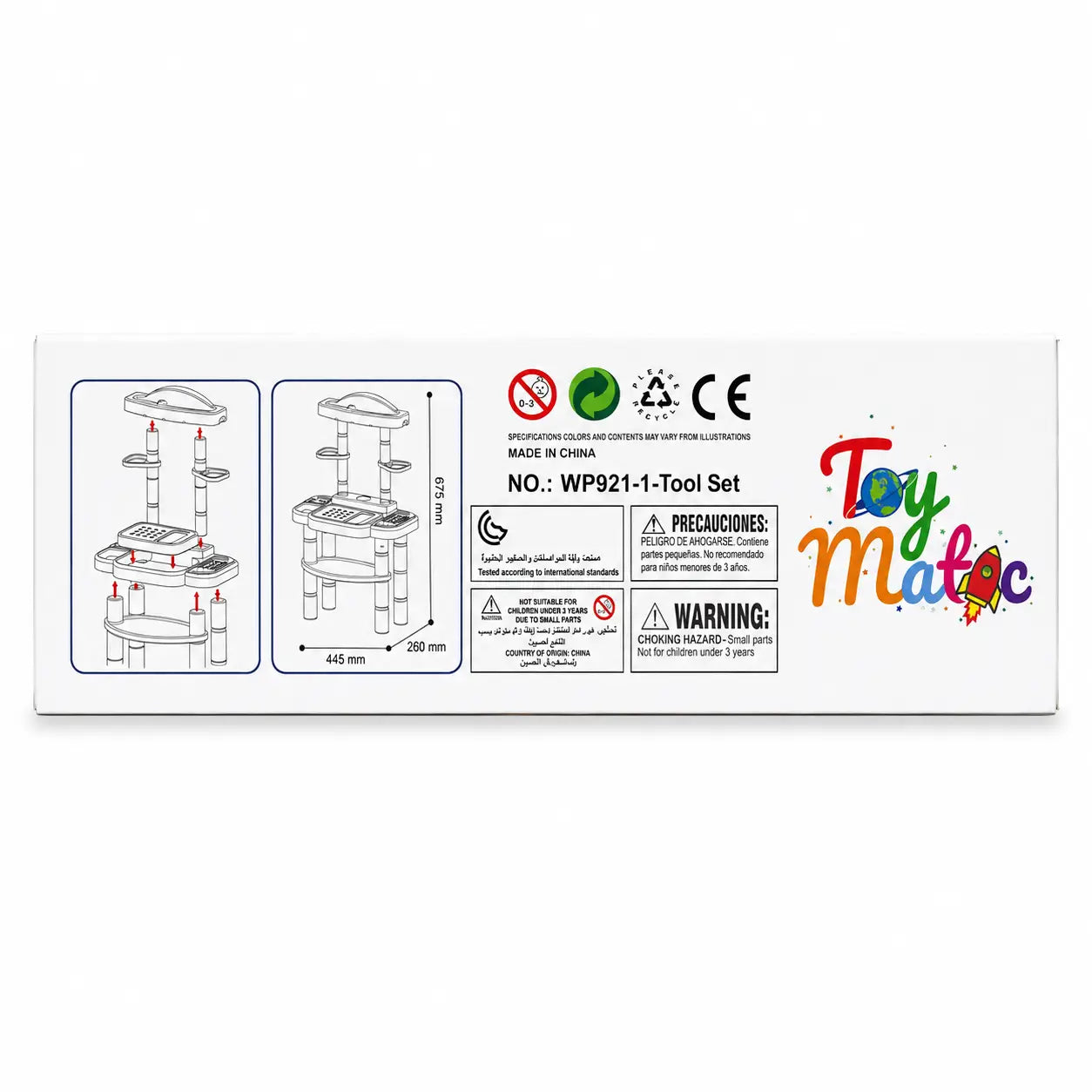Toy Matic Smart Tools workbench packaging showing assembly diagram dimensions and safety information
