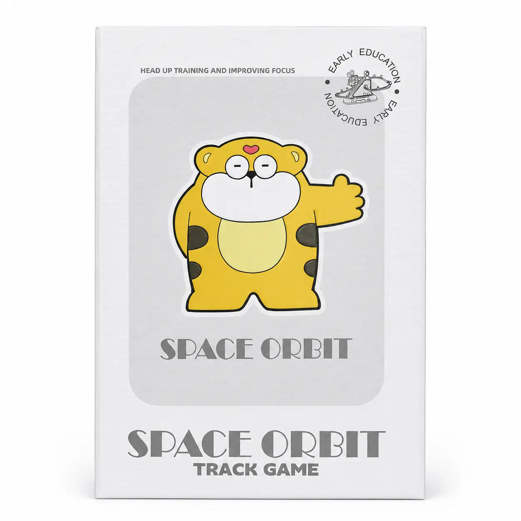 Space Orbit Track Game packaging side view with yellow cartoon character and early education design