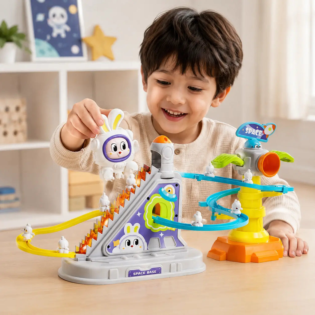 Child playing with Space Orbit Track Game featuring colorful tracks and bunny characters