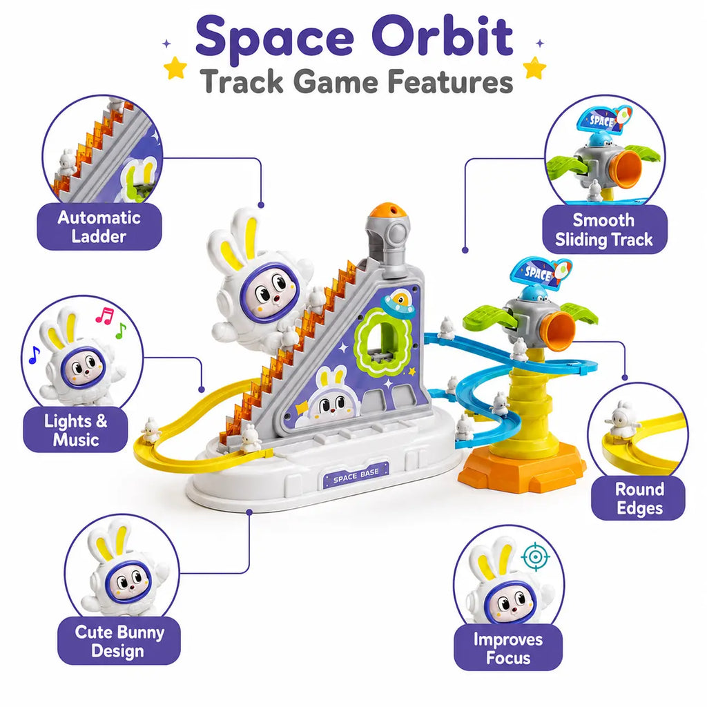 Space Orbit Track Game for kids showing automatic ladder, lights and music, smooth sliding track, round edges and bunny design