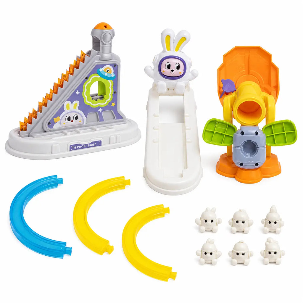 Space Orbit Track Game components including tracks, space base, bunny unit and small character figures