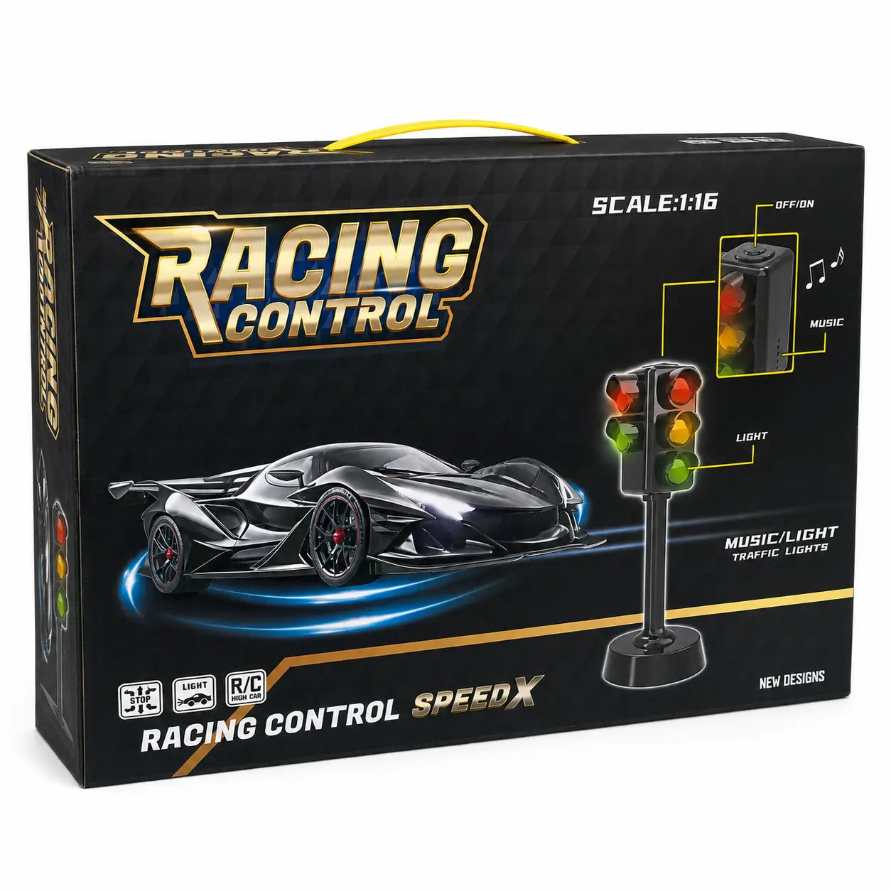 Back packaging view of SpeedX 1:16 RC racing car set with traffic light and racing features