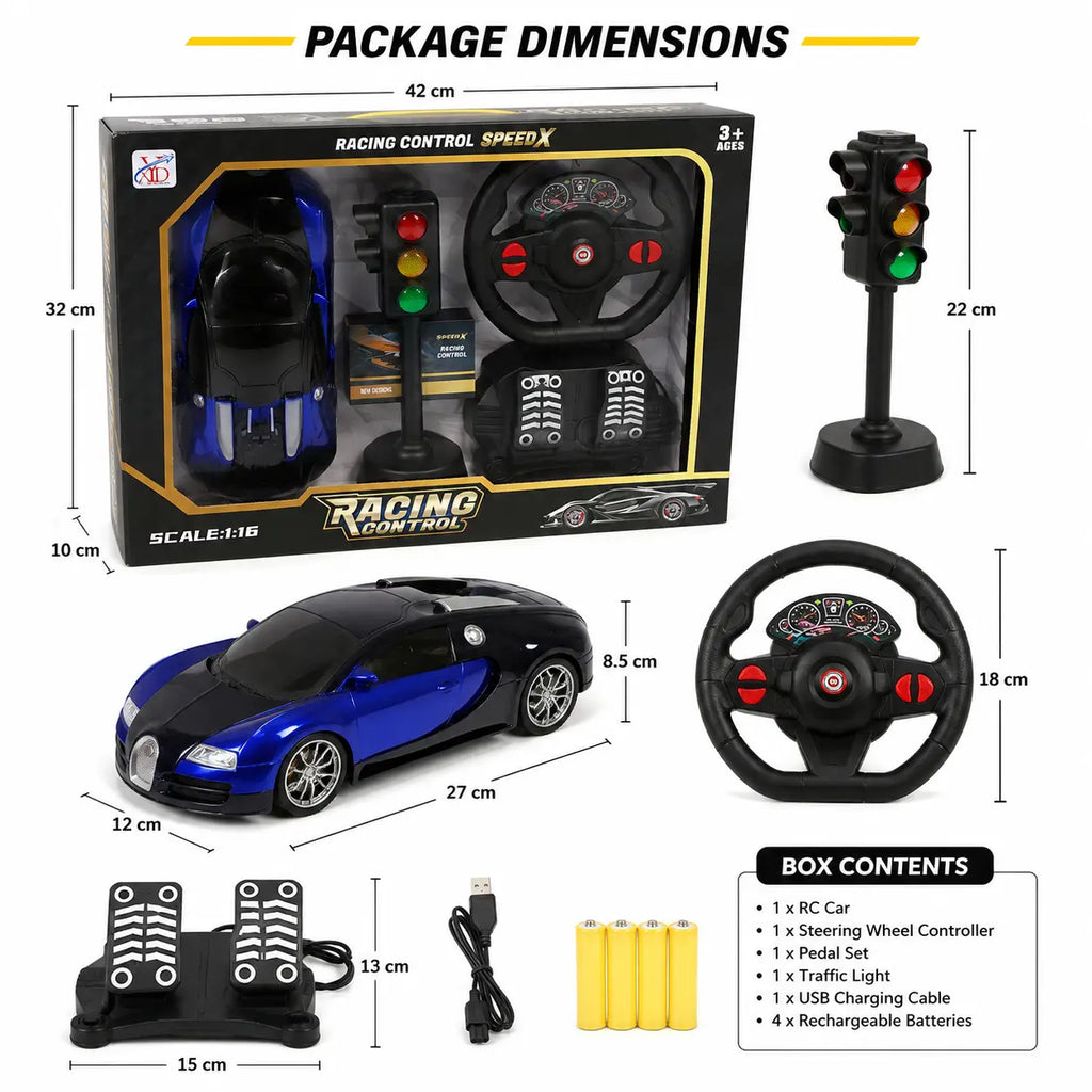 SpeedX RC racing car set size and package contents guide with car controller pedals and traffic light