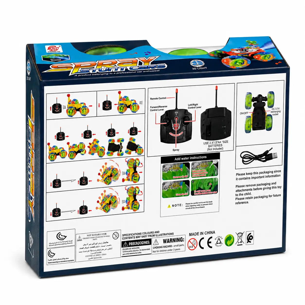 Back packaging view of Spray Stunt RC Car showing remote controls, stunt functions and charging instructions