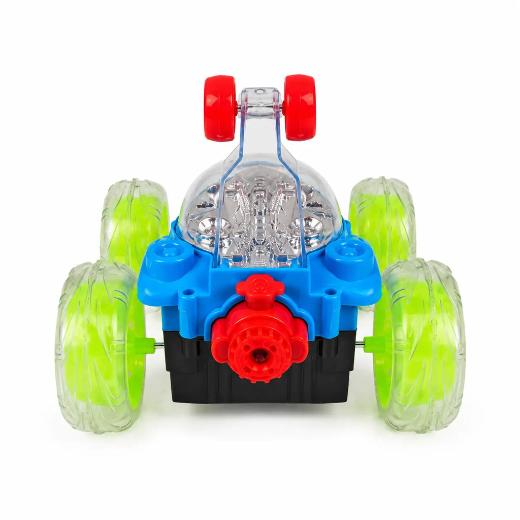 Rear view of Spray Stunt RC Car showing red spray section and large transparent stunt wheels