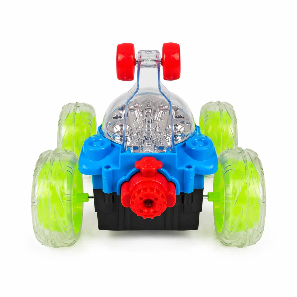 Rear view of Spray Stunt RC Car showing red spray section and large transparent stunt wheels