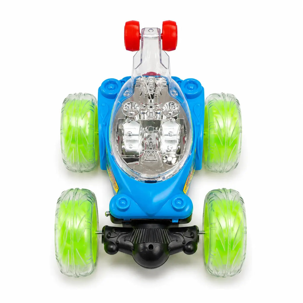 Back packaging view of Spray Stunt RC Car showing remote controls, stunt functions and charging instructions