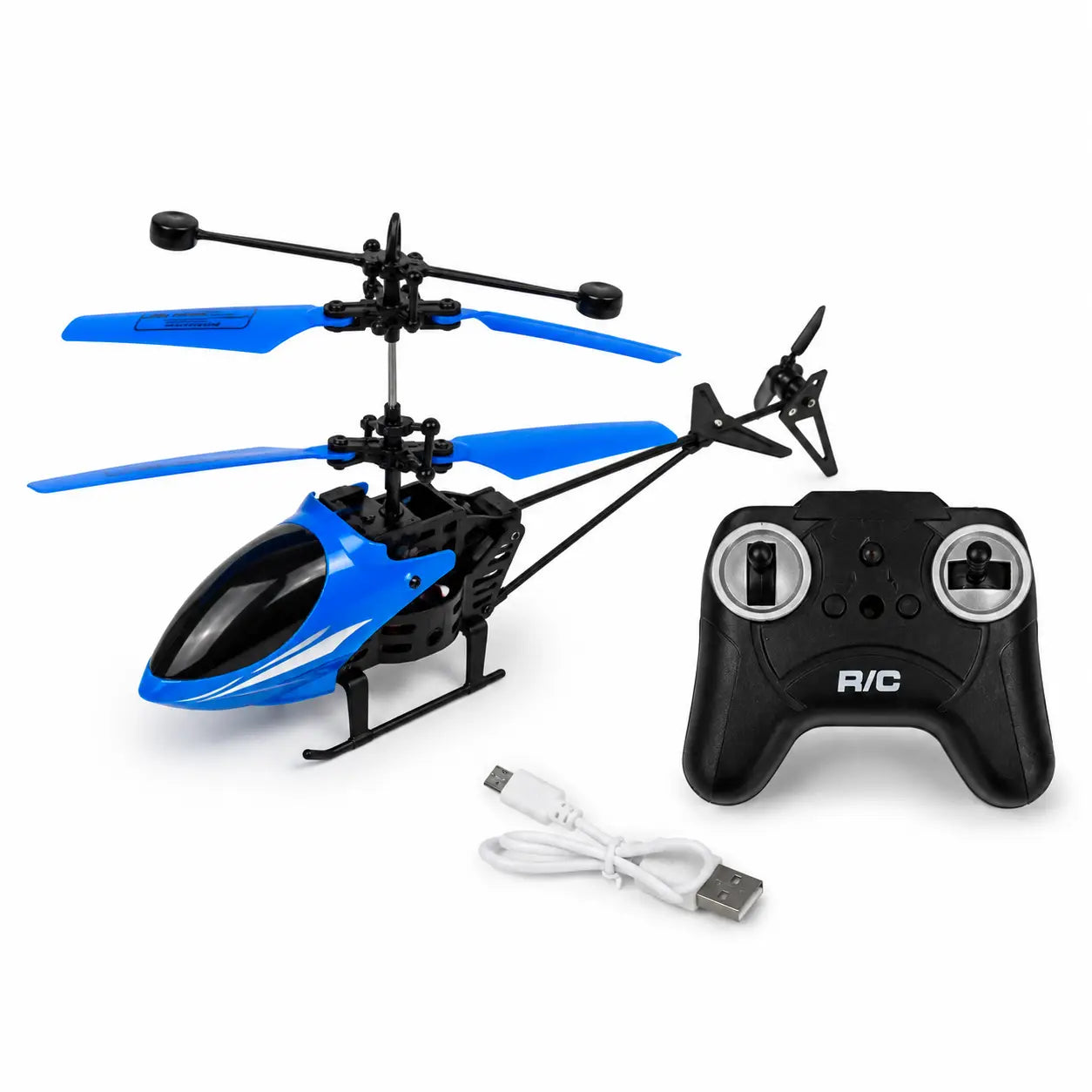 Blue and black remote control toy helicopter with a black handheld controller, white USB charging cable, and silver propellers, shown on a white background.