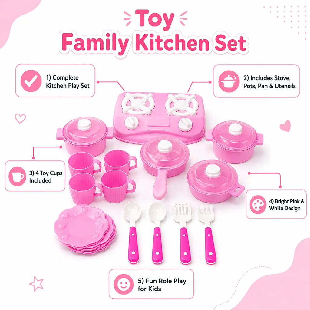 Toy Family Kitchen Set features showing pink stove, cookware, cups, plates and utensils for kids