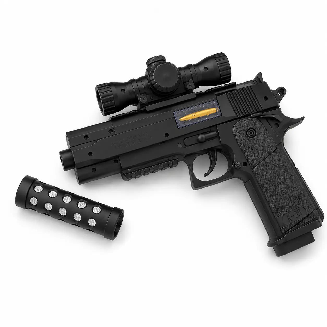 A black toy or replica pistol with a mounted scope, shown on a white background with a separate black cylindrical accessory placed beside it.