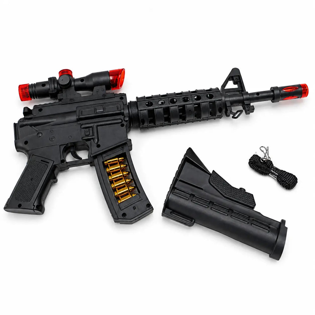 Black toy machine gun displayed with detachable stock and carrying strap accessories