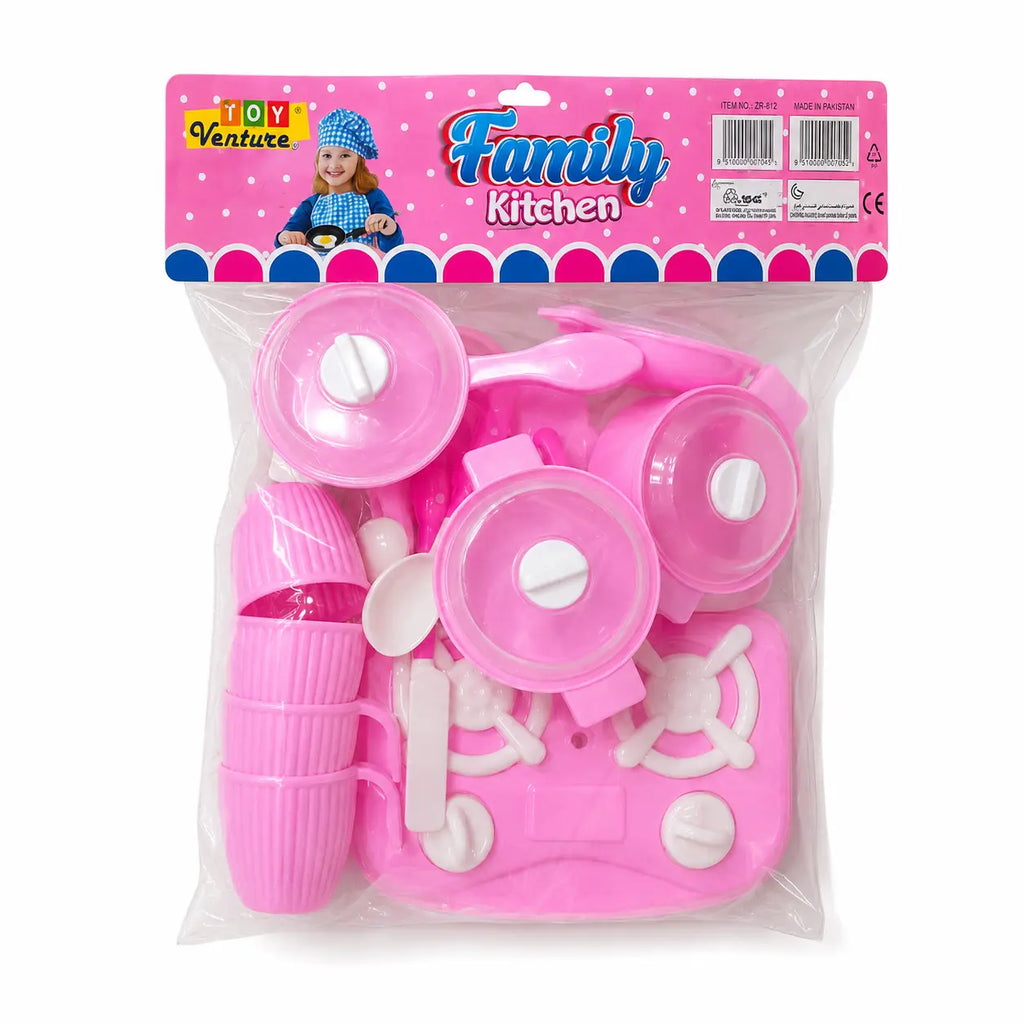 Toy Venture Family Kitchen Set ZR-812 in original pink retail packaging with cooking accessories