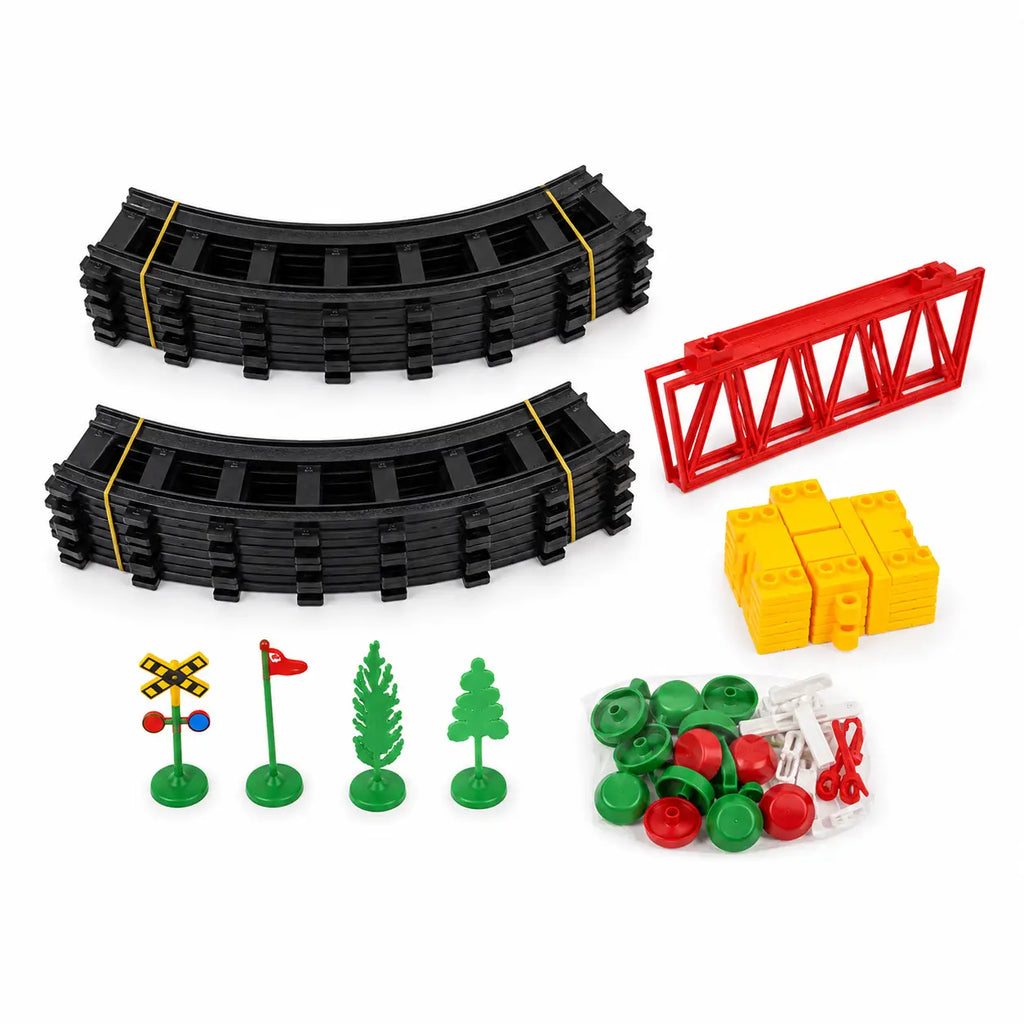 Black railway track pieces red bridge signs trees and accessories for remote control train set
